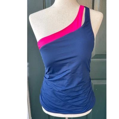 NWT Talbots One Shoulder Swimsuit Top Sz 12 Navy Pink Colorblock Asymmetrical - Image 1 of 4