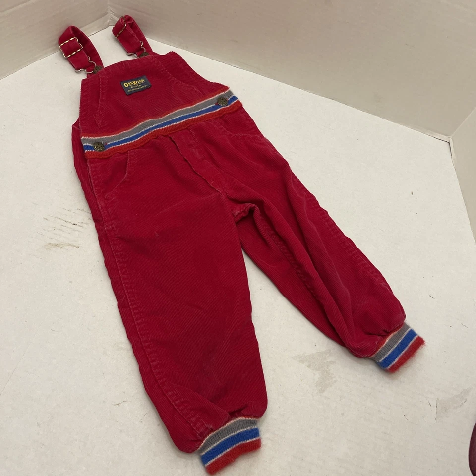 Vintage OshKosh B'Gosh Red Corduroy Vestbak Overalls Union Made USA 70s 80s 3T - Image 1 of 4