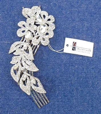 Christina Collection Rhinestone Silver Tone Hair Comb Floral Leaves Bridal Prom - Image 1 of 3