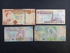 LIBYA 1/2 + 1 + 5 + 50 DINARS Banknotes - Circulated / Damaged - Picture 1 of 2