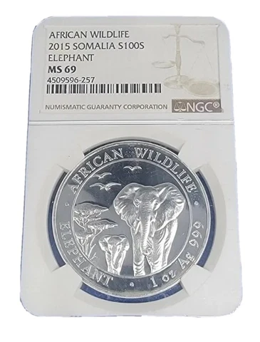2015 Somalia 100 Shilling African Wildlife Elephant Coin, NGC MS 69, 1 Oz Ag 999 Cover