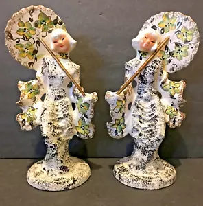 VTG HEDI SCHOOP California Pottery 11" ORIENTAL GIRL With Parasol Umbrella Vases - Picture 1 of 12