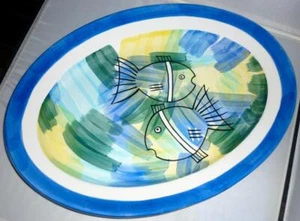 LARGE VINTAGE RETRO BLUE GREEN YELLOW FISH DECORATIVE SERVING PLATTER PLATE - Picture 1 of 8