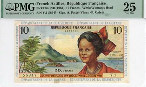 FRENCH ANTILLES 1964ND Pick# 8a 10 FRANCS-Woman´s Head Sign. A Postel VF25 PMG - Picture 1 of 2
