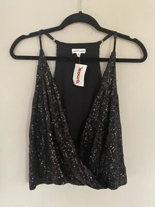 Black Sequin Sleeveless Women’s XS Racerback  Halter Top Sexy Plunge Neck Club - Picture 1 of 7