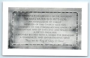 POSTCARD REVEREND THOMAS YATES 1873 1936 CONGREGATIONAL UNION OF LONDON PLAQUE