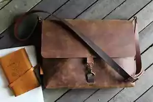 Monogrammed Leather travel messenger brown Genuine Leather Weekender Bag 15 in - Picture 1 of 2