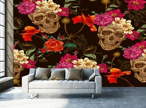 Wallpaper Skull Photo Wallpaper Skull with Roses GIANT WALL DECOR PAPER POSTER - Imagen 1 de 7