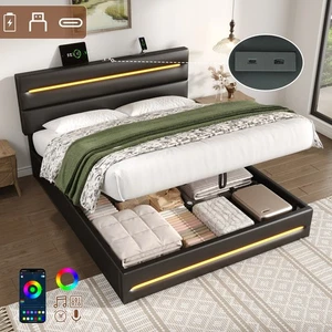 Ottoman Storage Upholstered Bed Frame with Lift-Up & LED Light 5ft King Size Bed - Picture 1 of 10