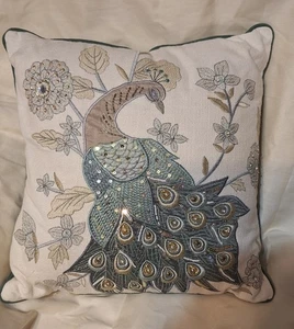 Pier 1 Imports peacock of bead, sequence and embroidered pillow 15x15 zippered - Picture 1 of 3