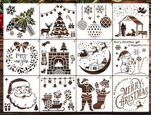 12 Stück Weihnachtsschablonen 5x5 Wiederverwendbar Urlaub DIY Malen Santa Schneemann Schlitten - Bild 1 von 7