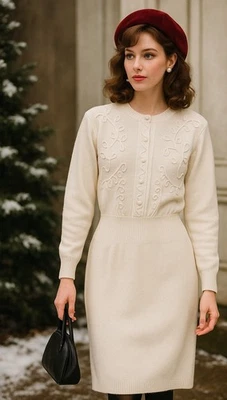 Vintage 80s Knit 3D Artsy Sweater Dress Squiggle Textured Cozy Cinch Waist Sz S - Image 1 of 4