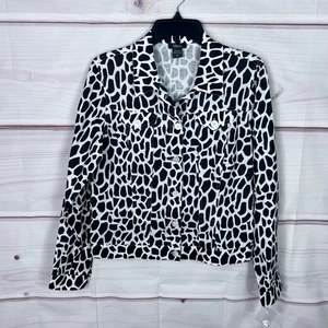 Pure Amici Jacket Womens M Black White Print Button Up Linen Long Sleeve Collar - Picture 1 of 6