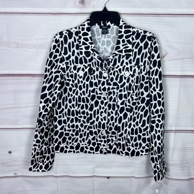 Chaqueta Pure Amici para mujer M negra blanca estampada abotonada lino manga larga cuello Foto 1 de 4