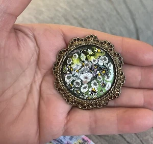Beautiful Vintage Ornate Painted Stone Brooch, Flowers, Antique Gold Tone, 2” - Picture 1 of 5