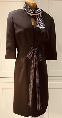 Berkertex UK12/14 Black Spot Crepe Longline Jacket & Shift Dress Scarf & Corsage - Image 1 of 4