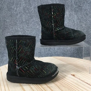 Ugg Boots Youth 9 Classic Ii Graphic Stitch Winter Ankle Black Suede Pull On - Picture 1 of 16