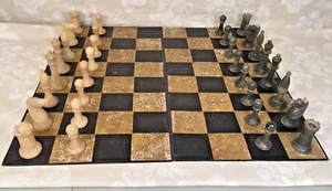 Vtg Boxed Stone Chess Set Cream and Gray-Green Carved Stone Pieces w/ Board - Picture 1 of 10