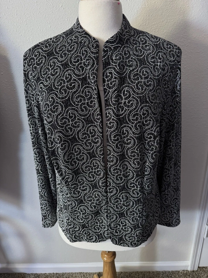 Jessica Howard 18W Black/White Stretch Shimmery Open Front Blazer Jacket Lg SLV - Image 1 of 4