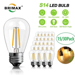 BRIMAX LED Bulbs 2W 20W E26 S14 Outdoor Edison Bulbs for String Lights 15/30Pack - Picture 1 of 14