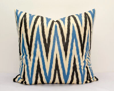 Funda de almohada Zigzag azul ikat cojín uzbeko ikat Chevron Best ikat cojín azul Foto 1 de 4