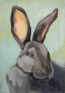 Dipinto olio originale ritratto di coniglio 7x5 pollici quadro animale moderno - Foto 1 di 6