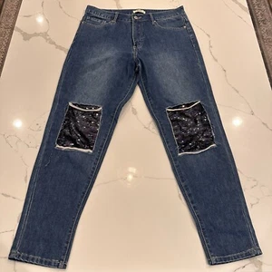 Pantalones de mezclilla azules de cintura hasta la rodilla con lentejuelas Forever 21 para mujer talla 29/8 cónicos - Imagen 1 de 10
