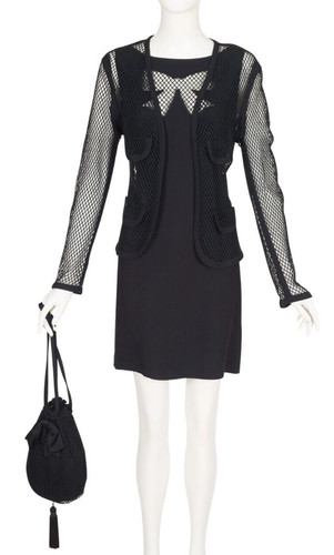 Abito Moschino anni 90 vintage "kit" nero fiocco a rete set tre pezzi vestito M L