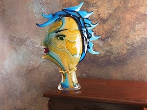 Murano Glass Lady Head Sculpture - Handmade Glass Art in Blue & Orange - Picture 1 of 5