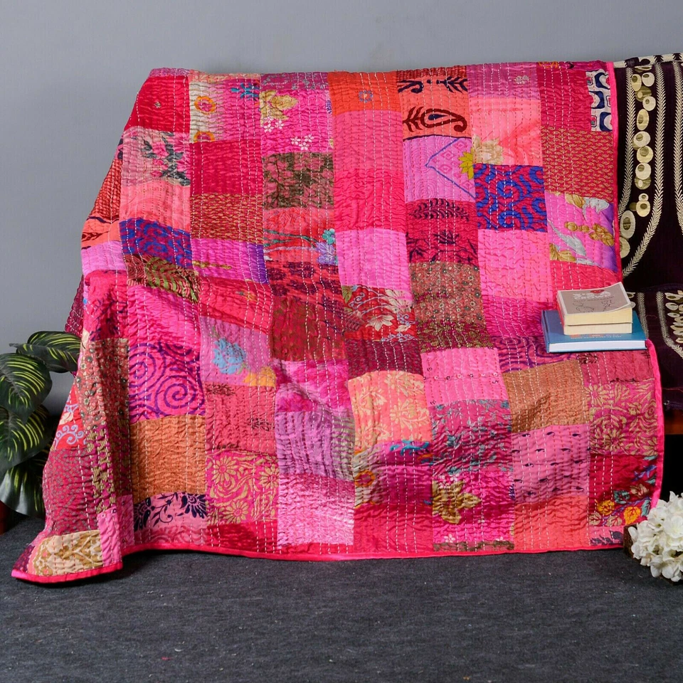 Indian Handmade Vintage Silk Patchwork Kantha Bedspread  Quilt Throw Blanket - Image 1 of 1