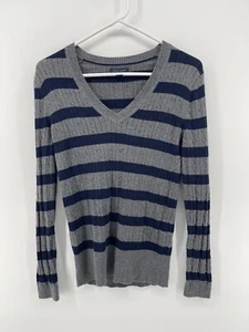 Tommy Hilfiger Womens Long Sleeve V Neck Sweater Size Medium Gray Blue Stripes - Picture 1 of 6