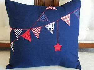 Denim Pillow Cover Patriotic Flags Star Applique * Envelope Back 16" X 16"  - Picture 1 of 2