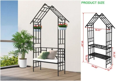 Arco de jardín de metal para exteriores con banco convertidor y soporte de flores para plantas trepadoras Foto 1 de 4