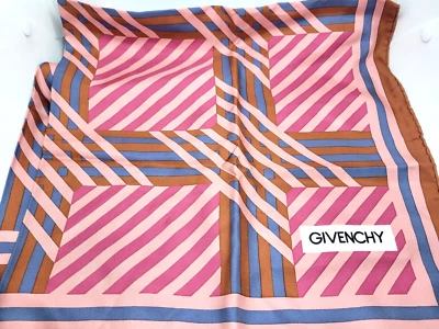 Bufanda de seda de diseñador GIVENCHY rosa marrón azul patrón geométrico años 70 LEER-VINTAGE Foto 1 de 4