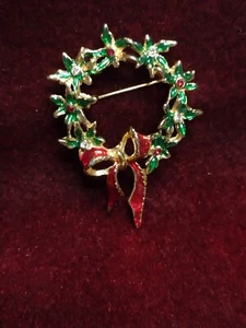 URLAUBSKRANZ BROSCHE grüngold rot weiß vintage edelsteine & emaille - Bild 1 von 4