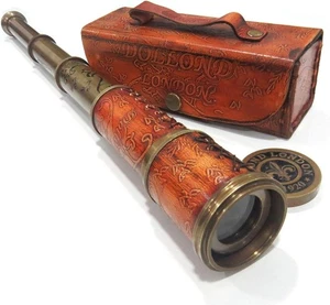 Brass Nautical Antique Working Telescope/Spyglass Replica in Leather Box, - Picture 1 of 4