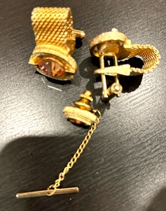 Vintage Dante Amber Oval Crystal Wrap Around Cufflinks Gold Mesh with Tie Tack - Picture 1 of 6