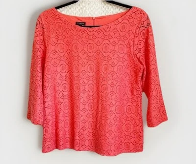 Talbots Feminino Manga 3/4 Renda Top Decote Barco Tamanho Médio Pequeno Coral Laranja - Imagem 1 de 4