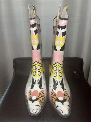 Nature Breeze Western Cowgirl Beige Patchwork Floral Cowgirl Rubber Boots 8 - Image 1 of 4