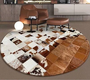 New Natural Cowhide Round Patchwork Rug Brown white Real Hide Large Area Rugs - Picture 1 of 4