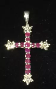 .925 Silver Round Cut Red Ruby Diamond Cross Pendant for Necklace NO Chain - Picture 1 of 4
