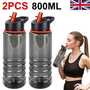 2x 800ml Sports Water Bottle Gym Travel Drinking Leakproof Bottle Straw BPA Free - Picture 1 of 15