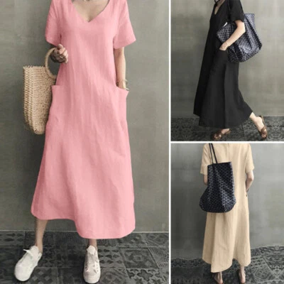 ZANZEA Women V Neck Short Sleeve T-Shirt Dress Cotton Ethnic Long Shirt Dress - image 1 of 4