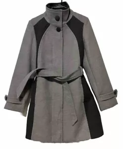 High Line Jacket Gray Black Button Up Pea Coat Lined Insulated Belted Women S - Picture 1 of 12