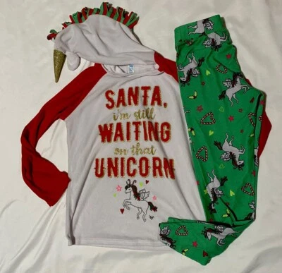 Justice UNICORN 2-pcs Pjs Sz 10 Fleece Hoodie Sleepwear Youth Girls Christmas - Image 1 of 4
