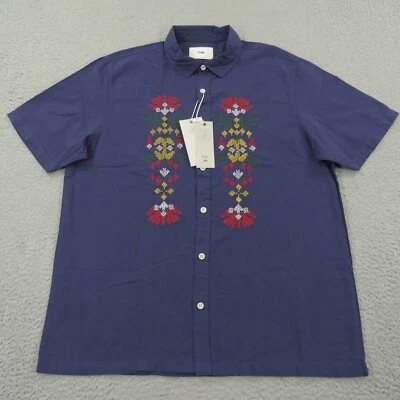 Folk Shirt Mens Large Navy Linen Cotton Inca Aztec Button Up Camp Floral Detail - Image 1 of 4
