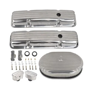 For SBC Chevy 58-86 Finned Short Valve Cover &15" Air Cleaner & PCV Breather Kit - Bild 1 von 13