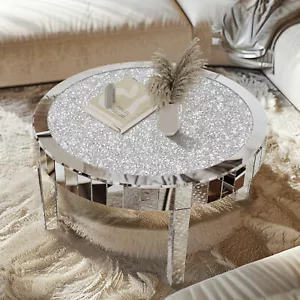 32" Chic Round Crushed Diamond Inlaid Glass Coffee Table Home Accent Side Table - Picture 1 of 13