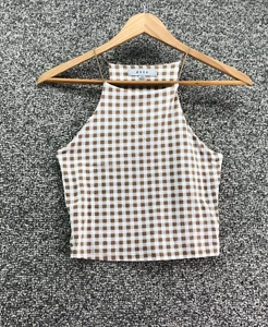 Top halter recortado Gaze a cuadros marrón blanco para mujer talla XS suave - Imagen 1 de 6