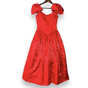 Vintage 80s Jessica McClintock Gunne Sax Red Dress Sz 3/4 Bows Shoulder Straps - Picture 1 of 13